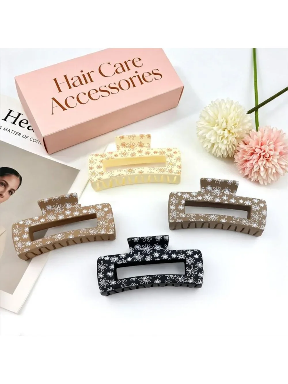 Stylish Large Square Flower Hair Claw Clips for Women - Brown Hair Accessories
